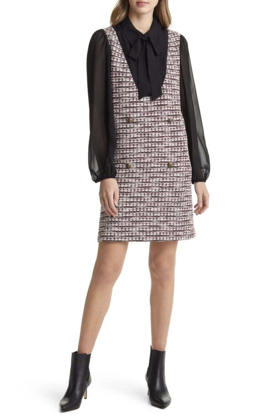 Julia Jordan Black Multicolor Tweed Bow Tie Pinafore Sleeves Mini Shirt Dress 8
